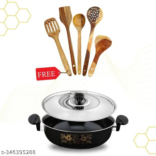 Induction kitchen cookware/Baskeware set, pack of 11 pcs (Kadai, Steel Dhakkan/Lid, Fry pan, Sauce Pan, Tadka Pan, Tawa & 5 wooden Spectula)