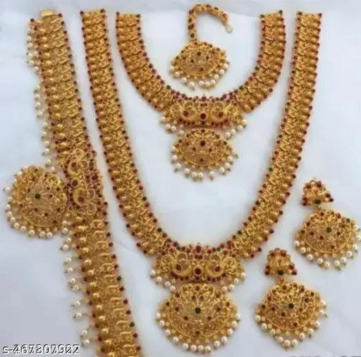 Bridal Gold Plated South Indian Wedding Traditional Temple Jewellery Set Latest Fashion Full Combo For Girls And Women (Golden)