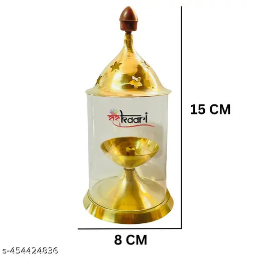 SANSKAARI Diya with Borosilicate Glass Diya Decorative Brass & Glass Oil Lamp Tea Light Holder Lantern, Cylinderical Borosilicate Glass Glass Gold Akhand Diya Big Oil Puja Lamp Akhand Diya Decorative Brass & Glass Oil Lamp Lantern, Glass diya  (Gold and W