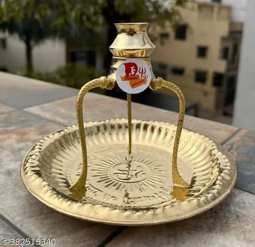 DARIDRA BHANJAN Brass Pooja Plate Thali with Shivling Stand and Abhishek Lota Kalash (Gold , Small), Brass Plate Thali with Shivling Stand