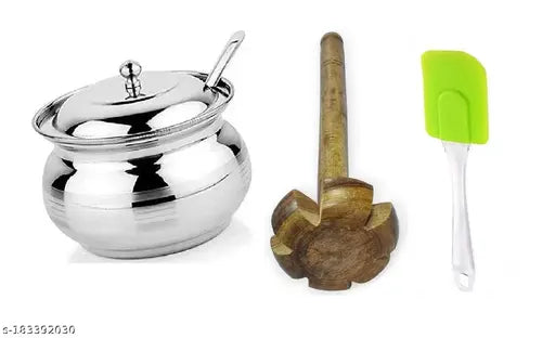 Stainless Steel Ghee Pot With Big Spatula Only and Wooden Rai and Gift , Pack of 3