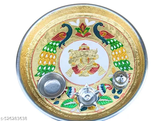 Meenakari Stainless Steel Pooja Thali Plate With Insance And Diya Holder For Home And Office
