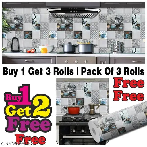 Buy 1 Get 3 Kitchen Wallpaper Pack Of 3 Wallpaper For Kitchen Wall | Cup Plate Wallpaper | Wall Sticker For Kitchen | WaterProof Oil Proof Wallpaper (40x100)Cm Grey Kitchen Wallpaper