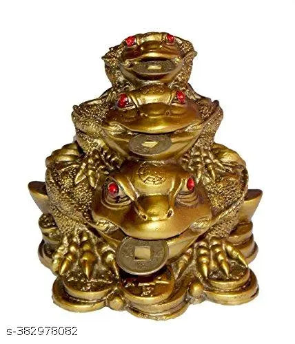 Triple Frog Family With Coin For Health, Wealth and Happiness | Decorative Showpiece for Home decor - 10 cm