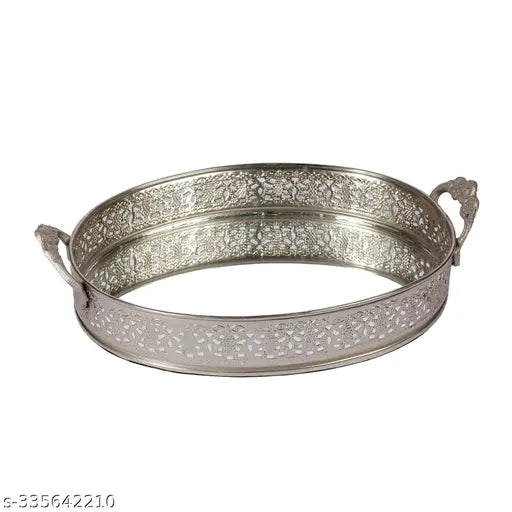 Craft Brio -A TRENDY HANDICRAFTS Oval Glass Mirror Silver Plated Serving Tray with Handmade Handles Decorative Vanity Perfume Storage Pooja Wedding Diwali Gifting Trays (26X 6 cm)