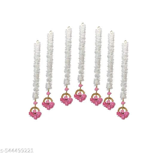 SAARATHI HANDMADE Decorative Toran Wall Hanging, 60 cm, White gajara  with Pink Roses.