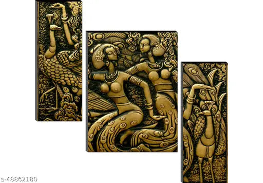 1ArtofCreation Set of 3 Modern Art Wall Art Peacoke People Dancing Culture UV Coated Home Decorative Mdf Wall Painting 12" X 18" Inch CANFJM1391