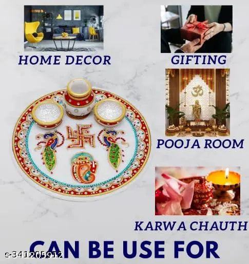 PCS Designer Decorative Marble Pooja Thali | Round Shape Handicraft Home Decor Puja Plate Set with Printed Ganesha for Home and Office (Multicolor, 23x23x7.5