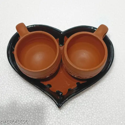 SimplyBuy Handmade Terracotta Clay Tray with 2 Cups Set - Eco-Friendly Pottery Serving Tray & Tea/Coffee Cups Set.