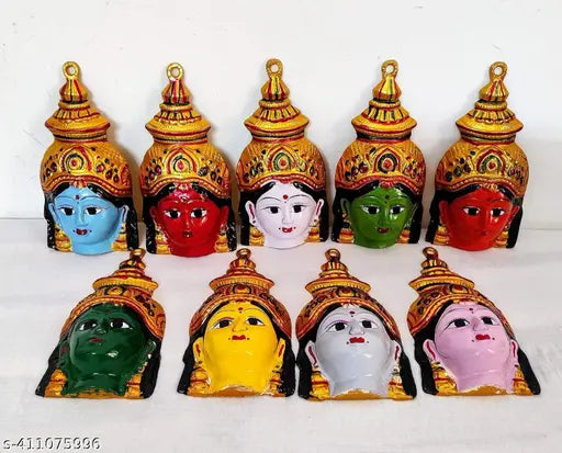 Navadurga Devi Face Set of 9 Kolu Bommai Bommalu for Dussera, Navadurga Golu Dolls,Navaratri, Material: Metal (Medium, 6.5 inches)