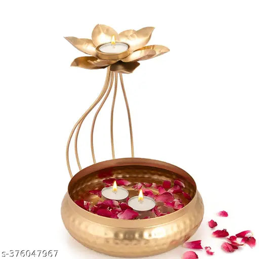 The Krafts Hub Metal  Tealight Candle Holder for Diwali Decoration Items with Base of Urli Bowl - Gold (Height 10 Inch), Diwali Gift Items