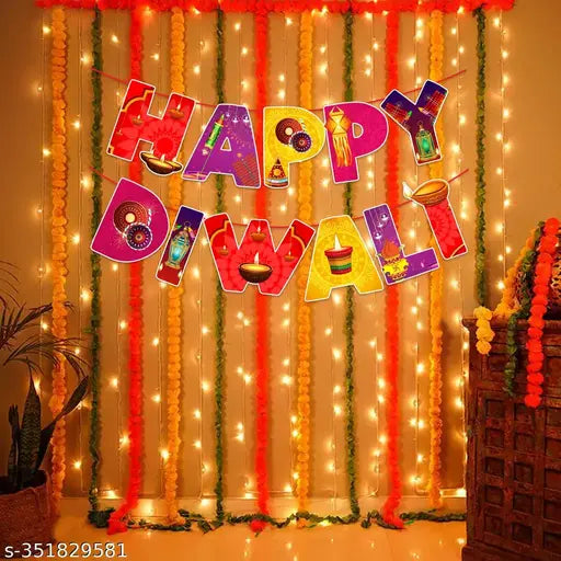 Zyozi Happy Diwali Decorations Items/Diwali Decorations Kit - Happy Diwali Banner & Rice Light (Pack Of 2)