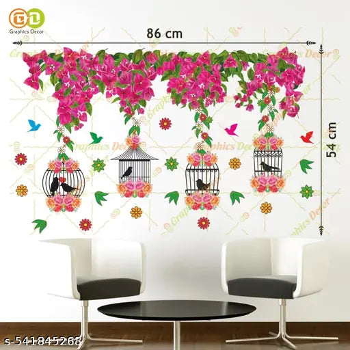 Graphics Decor | Tree Below Hanging Cages with Flower & Birds Pink Wall Sticker (86 x 54 cm)