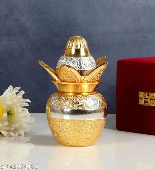 Gold German Silver Pooja Kalash with Decorative Embossing and Velvet Gift Box