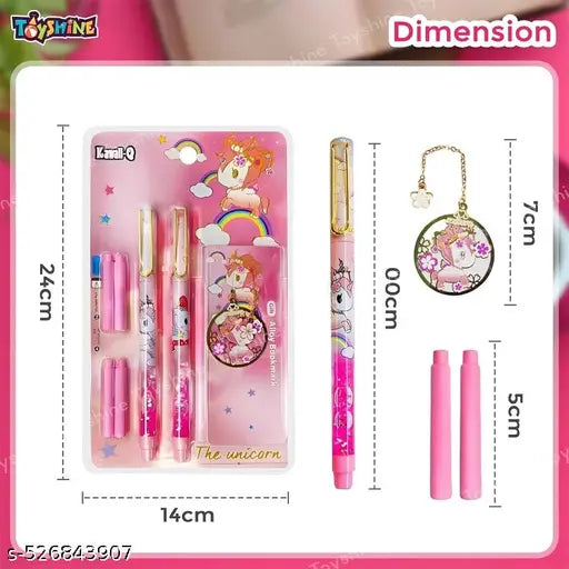 Kawaii Fountain Pen for Students, Unicorn Fountain Pen Set for School & Office, Kawaii Stationary Gift for Kids ,Quick Sand Fountain Pen Set(2 Pens, 4 Refills and 1 Bookmark)- Multi