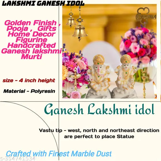 Marble Finish Laxmi Ganesh Idol for Home puja MATA Laxmi Ganesh Ganesha Ganpati golden design Marble Statue Idols Murti for Pooja Room & Gift Items (Polyresin - 10 Cm)  ganesh lakshmi ki murti