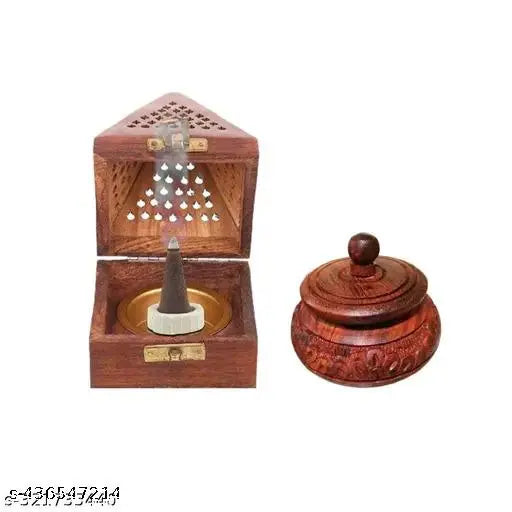 Wooden Set of 2 incense holder with 1 sindur box, Pyramid Incense Box Ash Catcher Fragrance Stand Agarbatti & Dhoop Dan, Sheesham(Rosewood), Gift Item | Temple Mandir Decoration