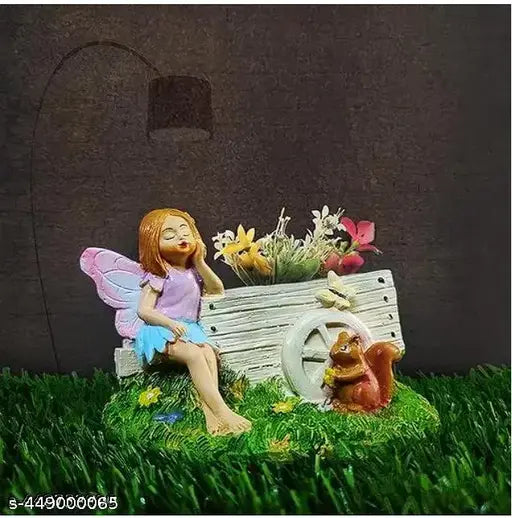 cart Girl Cute Angel Girl Butterfly Girl Handicraft Pottery Lucky Pots Planter Showpiece for Succulent and Flower (Multi Color, 12 x 9 x 9 cm)