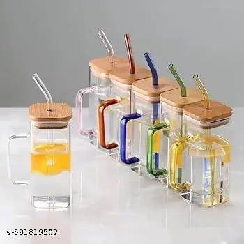 Mukticolor glass sipper with straw and wooden list,  mugs and sipper for gifting purpose, coffee mugs, smoothie sippers. Pack of 1