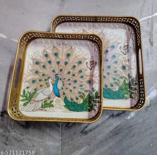 Handcrafted metal Trays || set of 2 || Serving Trays || pecock couple, loving gifting, dining || Elite Trays, new article, exclusive handicrafts, metal trays