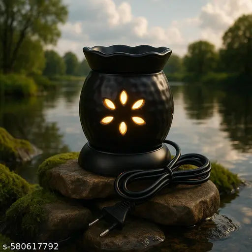 Pookiemoon Handcrafted Ceramic Electric Aroma Diffuser & Oil Burner | Night Lamp for Home, Office, Spa | Essential Oil Aromatherapy | Air Freshener Gift Set | Aroma Oil Diffuser for Home with Aroma Oils, Cylinder Shape, Black Color Includes 2*10ml Aroma O