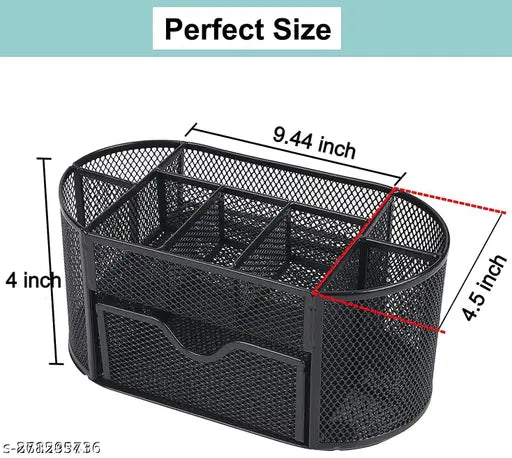 Metal Mesh Pen and Pencil Stationary Storage Tidy Desk Organizer Box with 9 Compartment for Home and Office Accessories (Black Color)
