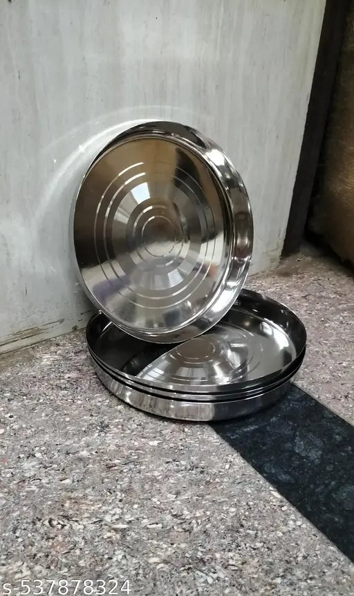 Stainless Steel Classic Solid Thali Set of 4, Heavy Gauge Mirror Finish Royal Dinner, Lunch Plate, Food Grade Serving Plates – 24cm Diameter