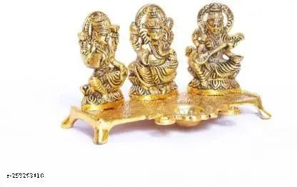 Laxmi Ganesh Saraswati With Diya Idol Set Decorative Showpiece - 14 cm  (Metal, Gold)