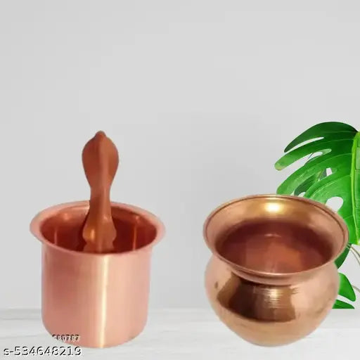 EliteTouch  Copper Panchpatra with Aachmani (Spoon) for All Puja Purpose-4.5 Pooja lota Kalash for puja Copper Panch Patra Copper Tambe ka lota for puja lota for puja Copper lota for puja Copper panchapatra for puja (Big Size, Brown) Copper Kalash