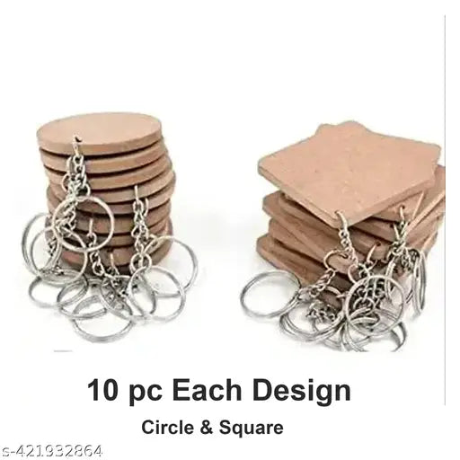 MDF Key Chains Wood Sheet Craft - MDF Plain Square & Circle Key Chains for Painting Wooden Sheet Craft - Set of 10 Square + 10 Round Size-2 in X 2 in