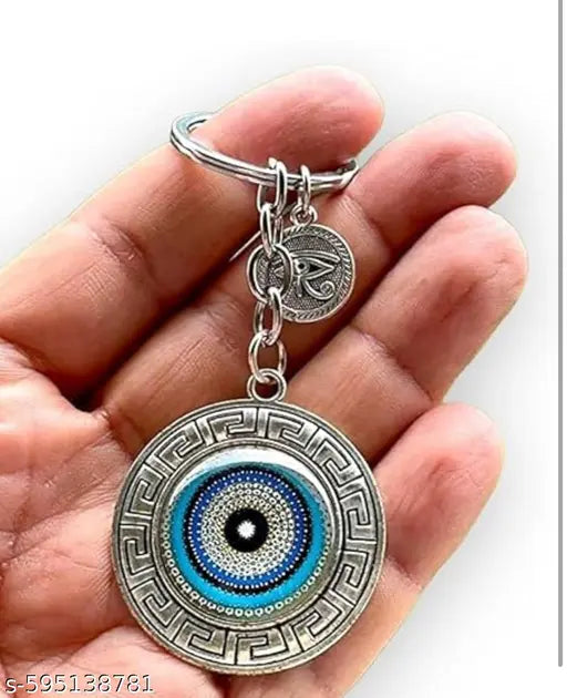 Blue and Silver Round Evil Eye Keychain for Bike/Car, Anti-Rust with Key Ring, Protective Symbol for Good Luck, Ideal for Gifting, Durable and Stylish