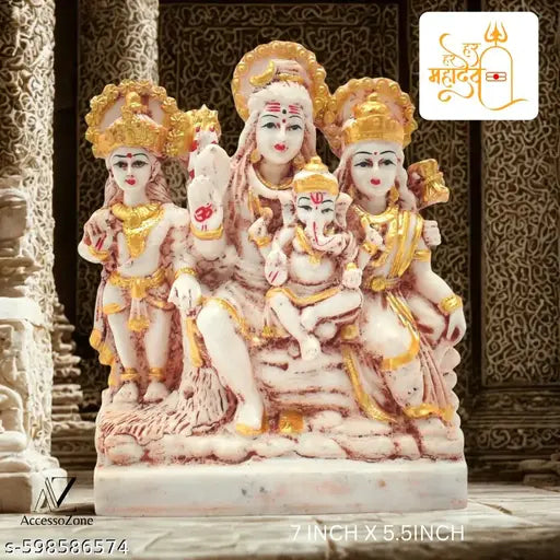 Traditional Shiv Parivar Marble Look Murti for Home Mandir & Spiritual Gifting (7 x 5.5 Inch) Shiv Parivar murti marble finish, Lord Shiva family statue, Shiv Parvati Ganesh Kartikeya idol, Hindu religious idol, mandir murti for home, pooja decor statue,