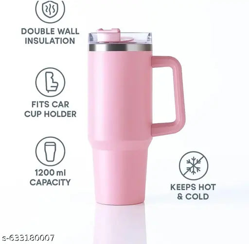 1200ml Stainless Steel Tumbler with Straw & Lid | Double Insulated Hot & Cold Thermos Water Bottle | Leakproof Sipper Mug for Gym & Travel | Thermal Flask Cup for Men & Women (Pink)