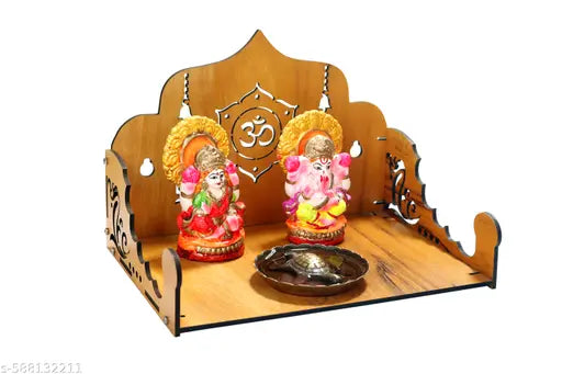 Engineered Wood Hand crafted Om Pattern Home Temple For Puja Temple for Home and Office l Puja Stand l Wooden Mandir, Set Top Box Stand For Home and Office (Brown) (Pack Of 1)