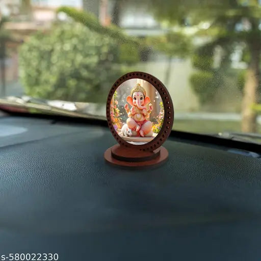 DECOCRU Lord Ganesha Ji Car Dashboard Idol | Wooden Base God Statue | Hindu Religious Showpiece for Car, Home, Office Decoration | Indian Spiritual Gift Item